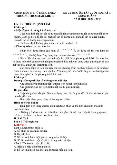 Đề cương cuối kỳ 2 Toán 9 năm 2024 – 2025 trường THCS Mạo Khê 2 – Quảng Ninh (bản Word)